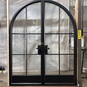 Minimalist Design Black Metal French Doors Aluminum Interior Exterior Wrought Iron Tempered Glass Decorative for Warehouse